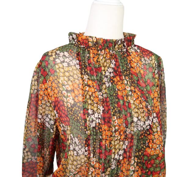 Walter Baker orange green red ditsy floral sheer blouse top M - Picture 2 of 7